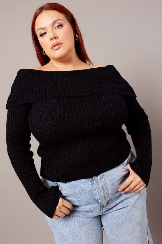 Black Off Shoulder Knit Top Long Sleeve