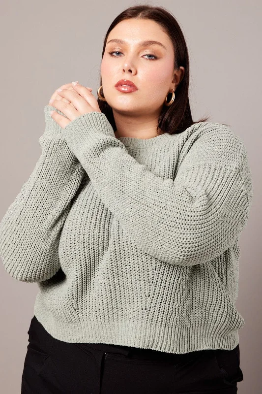 Green Knit Jumper Long Sleeve Crew Neck