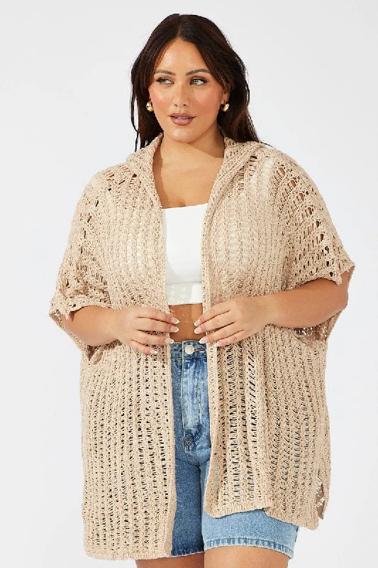 Beige Hooded Crochet Cardigan Short Sleeve