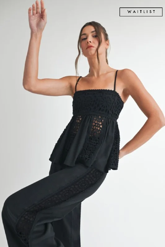 Waitlist 2/5 ♥ Kim Sleeveless Crochet Linen Babydoll Top Black