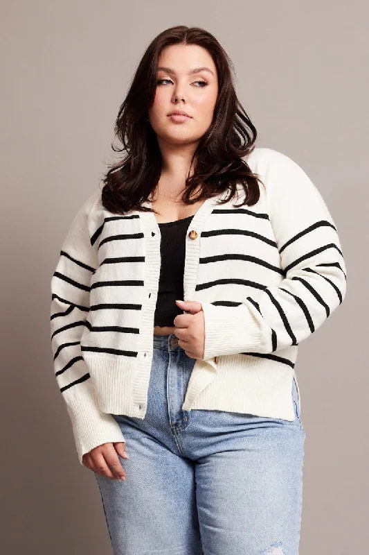 White Stripe Oversized Cardigan Long Sleeve V-neck Stripe