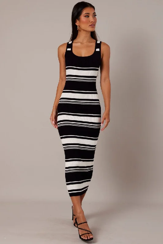 Black Stripe Knit Dress Sleeveless Midi