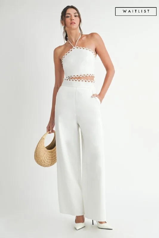 Waitlist 2/5 ♥ Lucia Sleeveless Halter Tie Scallop Trim Linen Top And Pants Set White