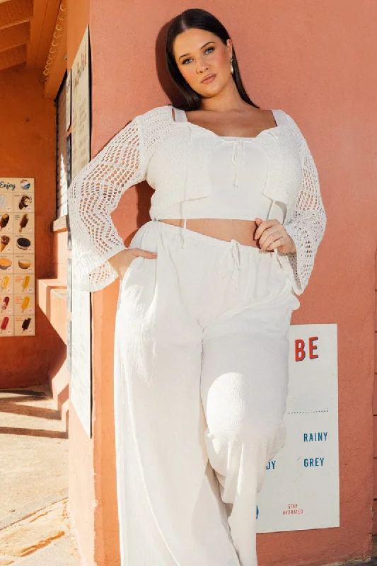 White Crochet Cardigan Long Sleeve Squared Neck