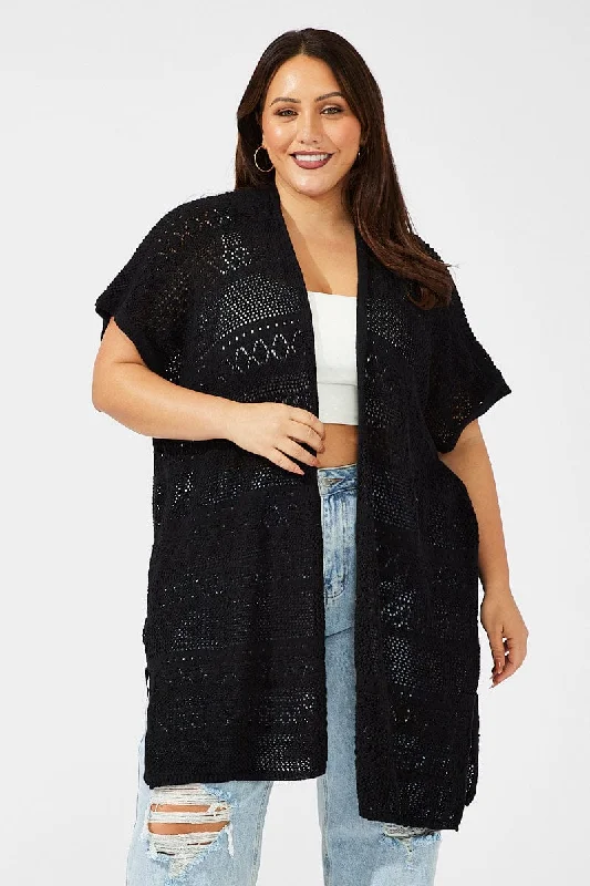 Black Crochet Longline Cardigan