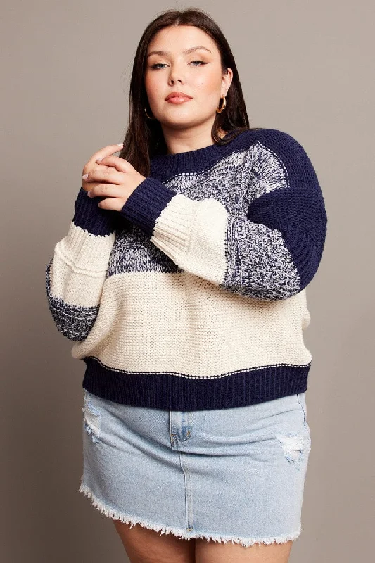 Blue Stripe Knit Jumper Long Sleeve Round Neck