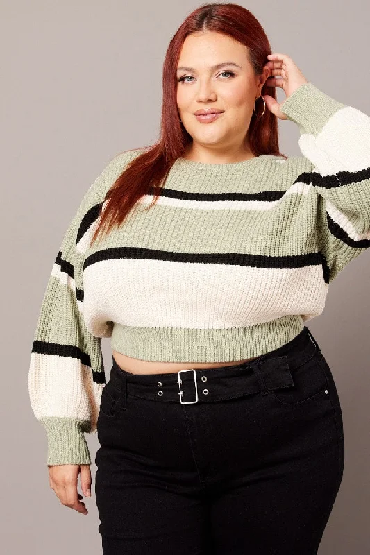 Green Stripe Knit Jumper Long Sleeve Round Neck