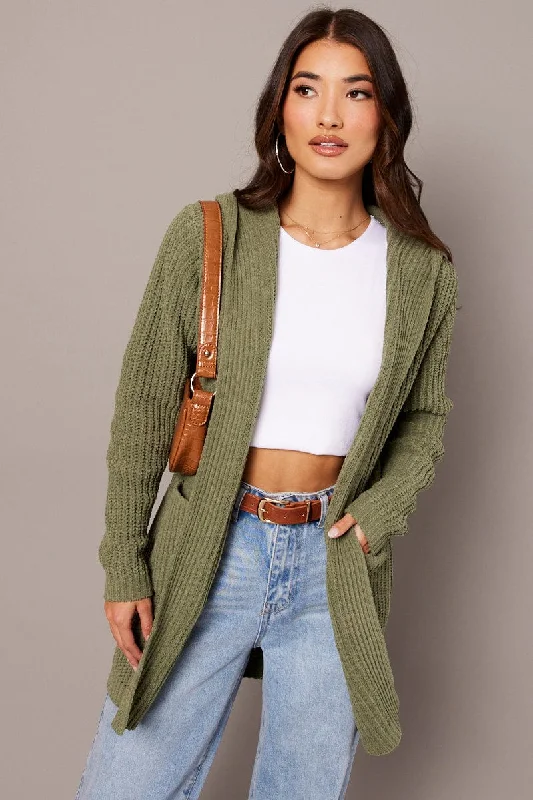 Green Knit Cardigan Hooded Longline Chenille