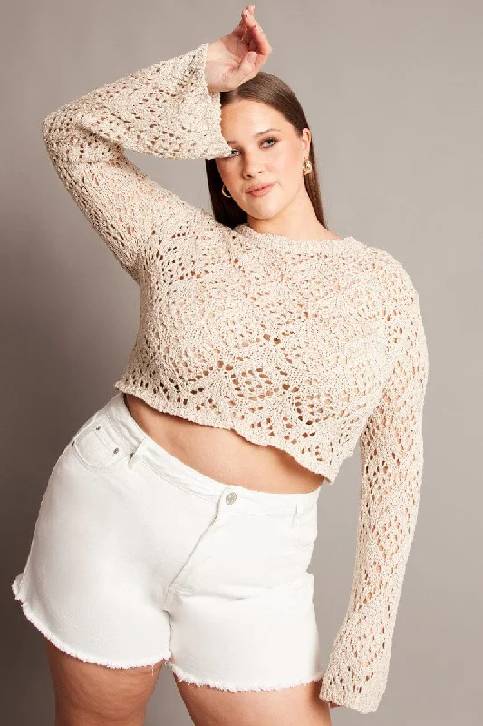 Beige Crochet Knit Top Long Sleeve Crew Neck