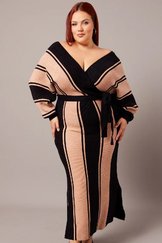 Black Stripe Cross Front Midi Knit Dress