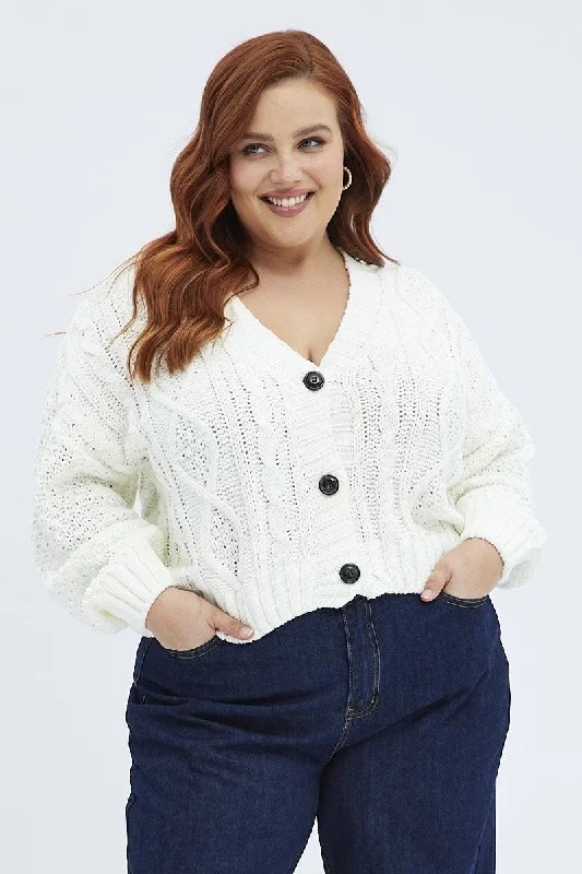 White Knit Cardigan Cabled