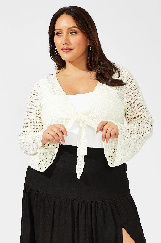 White Crochet Cardigan Long Sleeve Tie Front Knit