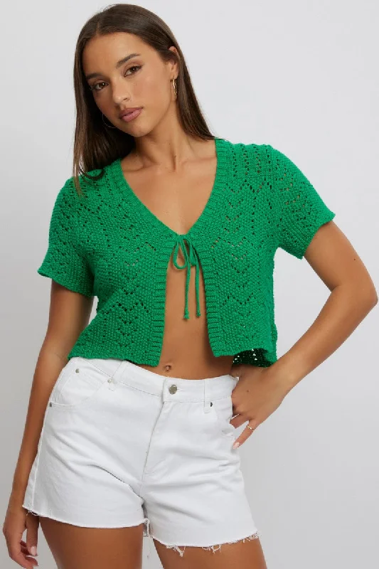 Green Crochet Knit Cardigan Short Sleeve V Neck