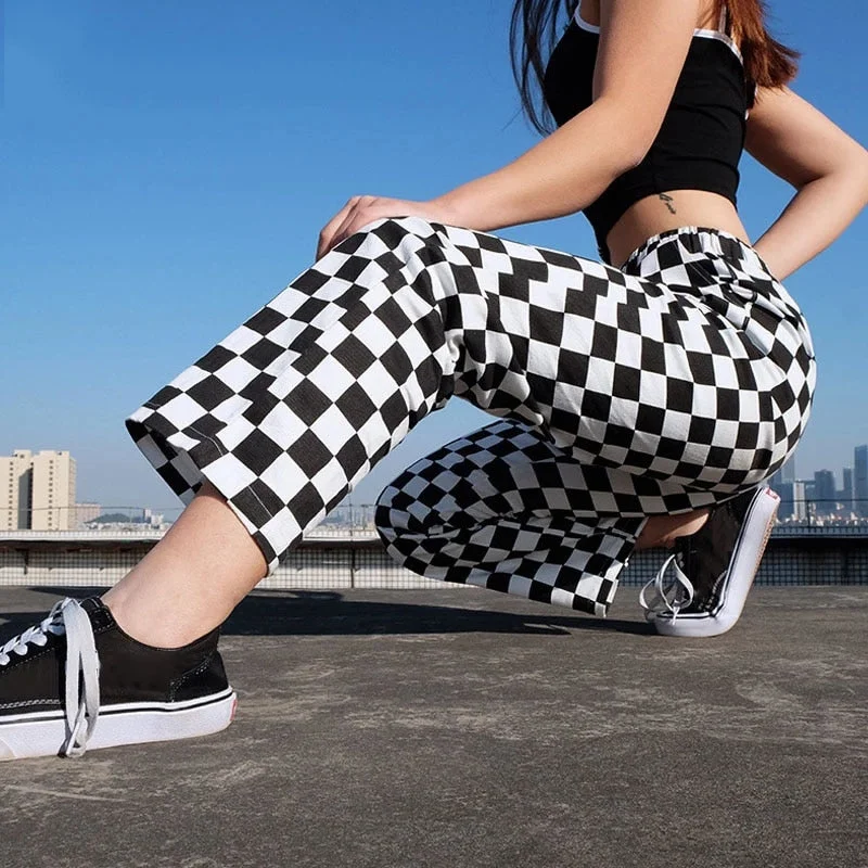 Plaid Zipper Checkered Straight Pants Women Elastic Casual Slim Pockets Long Pants Black White Pencil Pantalon Femme