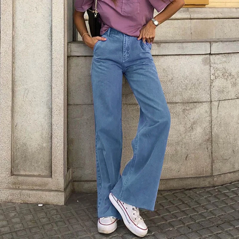 Light Blue Denim Trousers Vintage Wide Leg Pants Women Korean Straight Long Pants High Waist Casual Loose With Belt Autumn