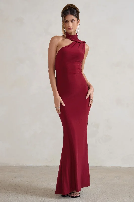 Capucine | Berry Red One Shoulder Draped Maxi Dress