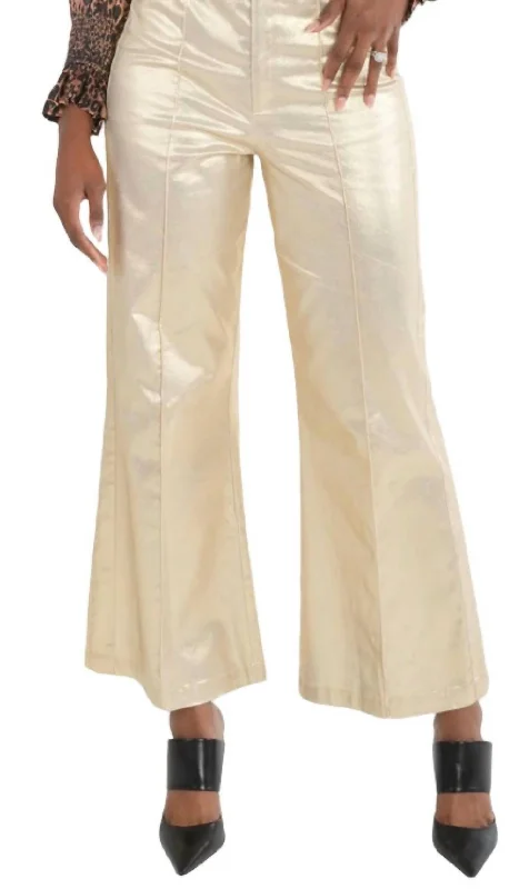 Ruffle Flare Pant In Metallic Gold Cotton