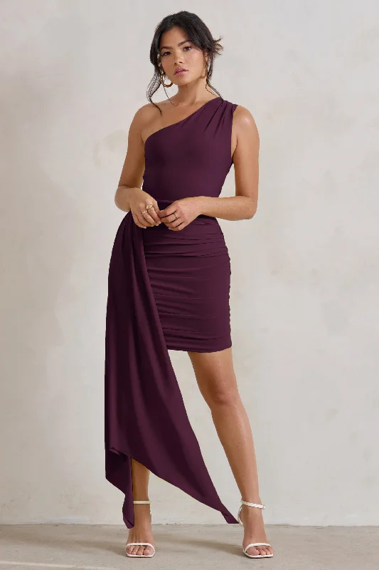 Charlie | Plum One Shoulder Ruched Mini Dress With Statement Drape