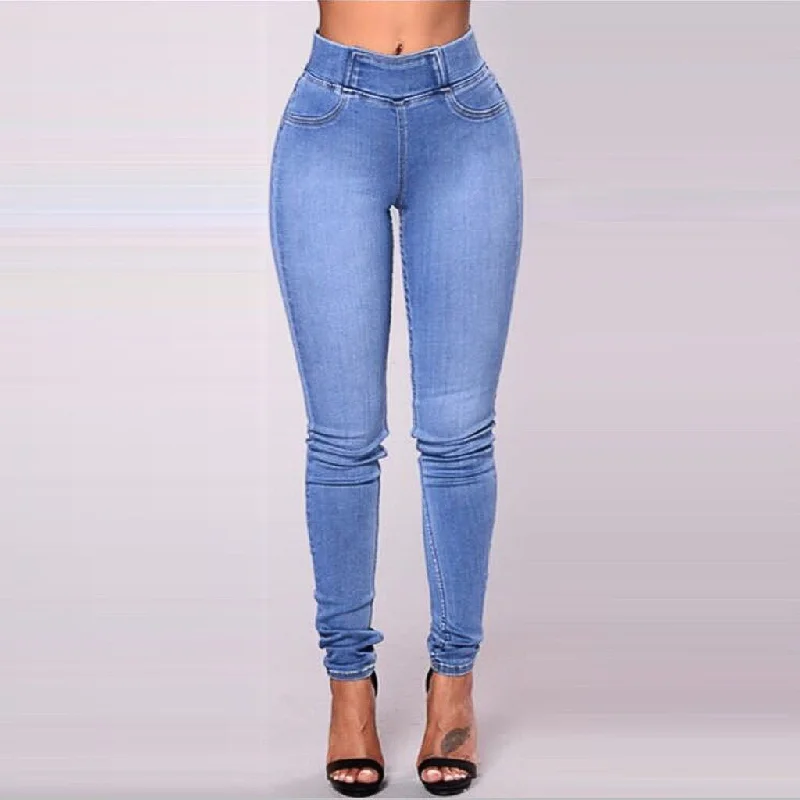 Women`s High Waist Basic Casual Fashion Stretch Skinny Denim Jean Trousers For Women Plain Elastic Waist Tight pencil pants