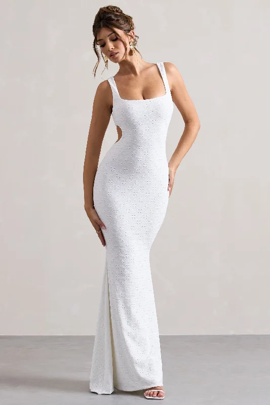 Marseille | White Broderie Knit Square-Neck Cut-Out Maxi Dress