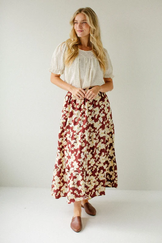 'Judith' Flower Print Tiered Midi Skirt in Burgundy