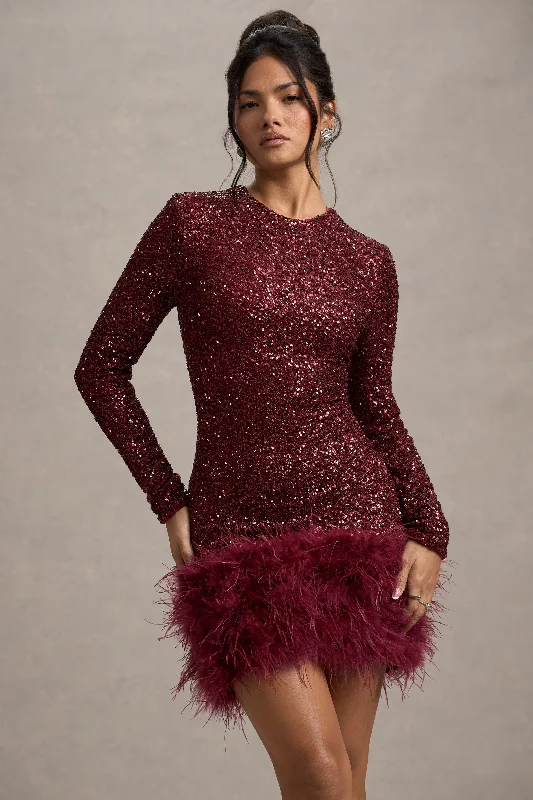 Claudia | Berry Sequin High Neck Feather Hem Mini Dress With Long Sleeves