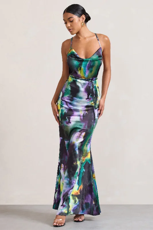 Lifetime | Watercolour Print Satin Cowl Neck Maxi Dress With Cross Back Detail