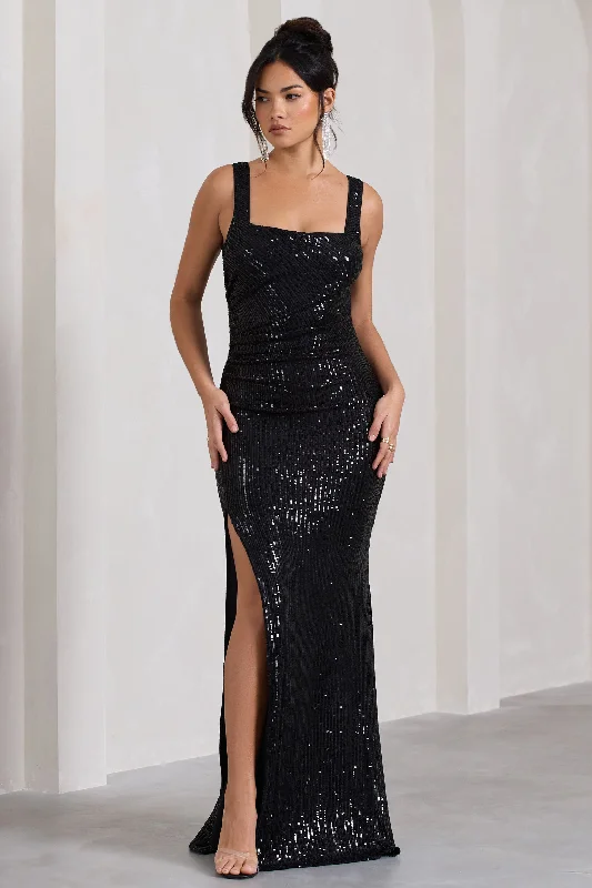 Yvonne | Black Sequin Open-Back Bodycon Maxi Dress