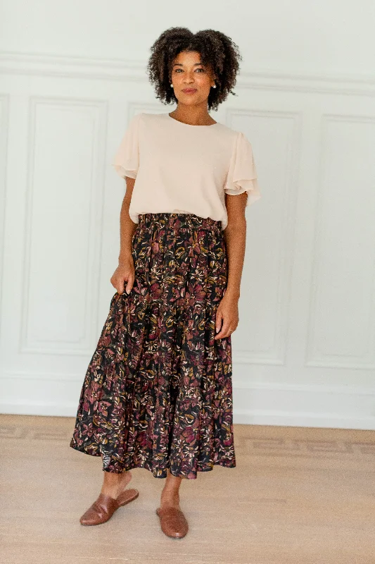 'Sylvia' Muted Satin Multi Floral Midi Skirt in Black