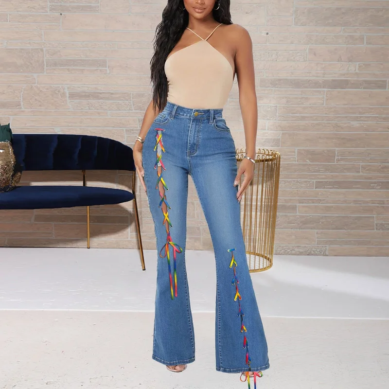 Women Button High Waist Slim Band Bell Bottom Flared Jeans Pants Stitching Jeans Causal Vintage Denim Pants