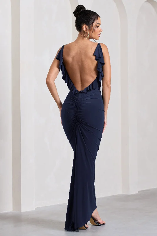 Flute | Navy Bodycon Maxi Dress With Ruched Ruffled Back