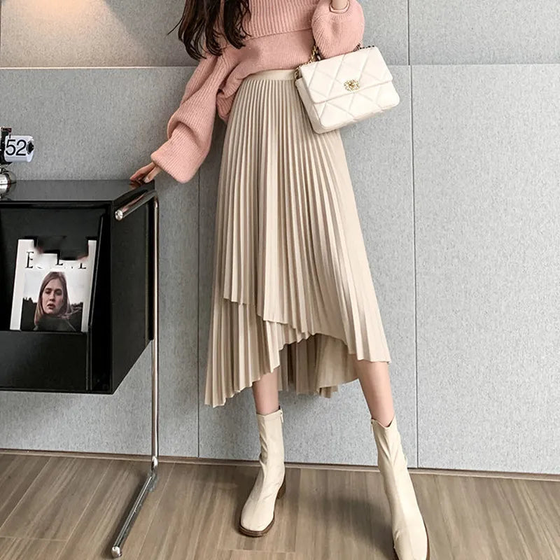 Women's High Waist Fashion Designer Pleated Asymmetrical Skirts (Midi)