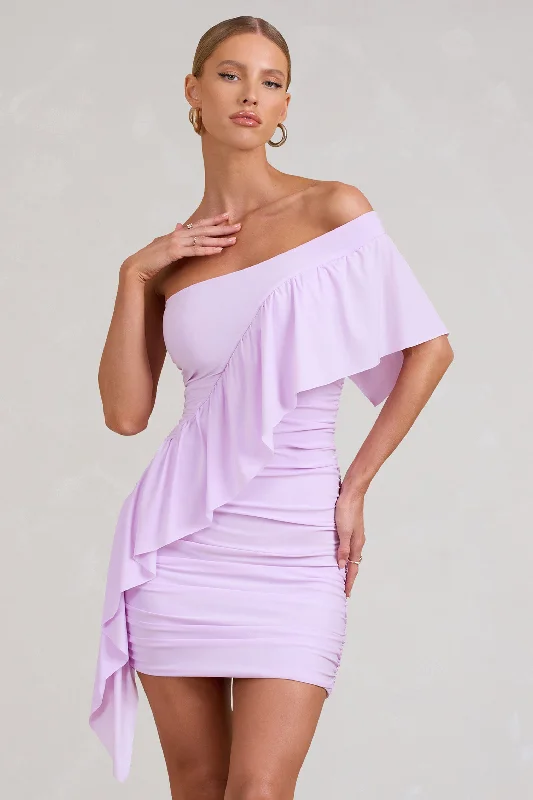 Parfait | Lilac Asymmetric Ruched Mini Dress With Statement Ruffles