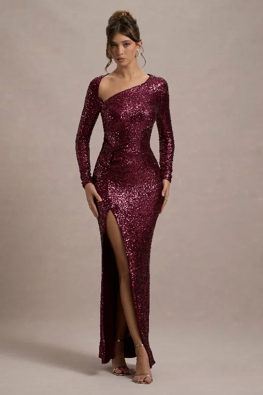 Remarkable | Burgundy Sequin Long-Sleeved Twisted Maxi Dress