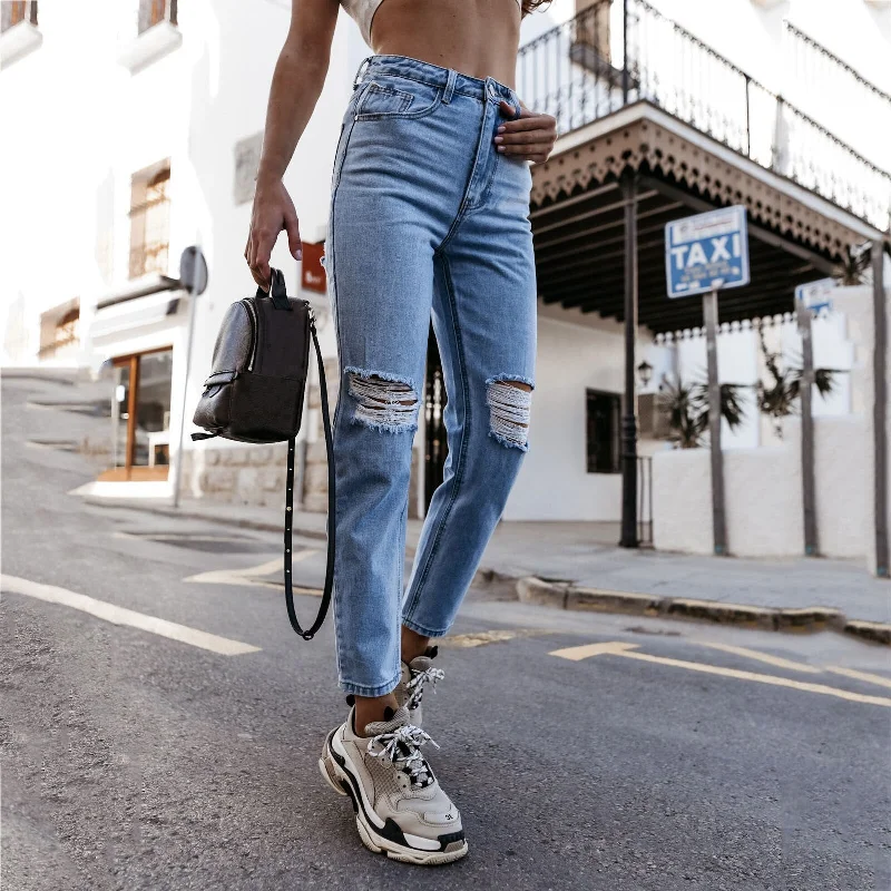 Women High Waist Jeans Pocket Button Elastic Hole Jeans Trousers Slim Denim Pants High Street Wear