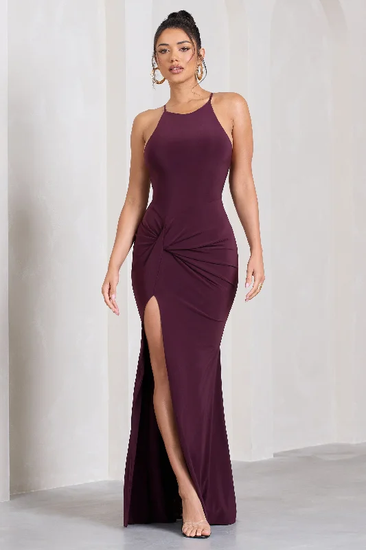 Stellar | Plum Halter-Neck Twisted Split Maxi Dress