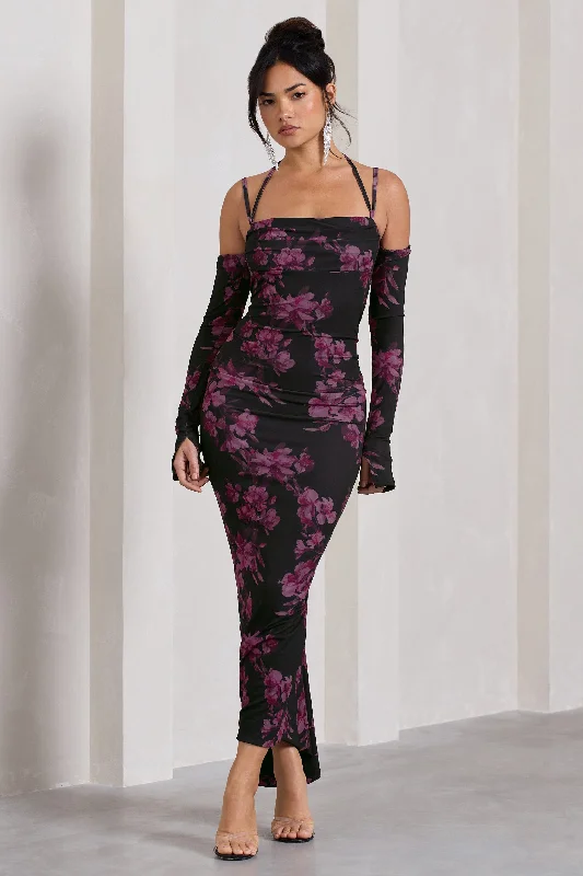 Jessie | Black Floral Print Strappy Long-Sleeved Bodycon Maxi Dress