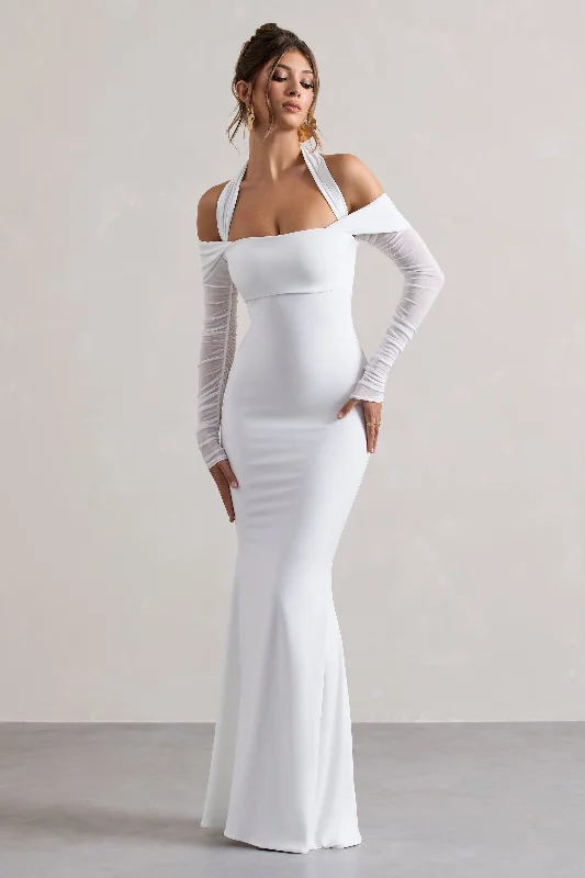 Malisha | White Halter-Neck Long-Sleeve Maxi Dress