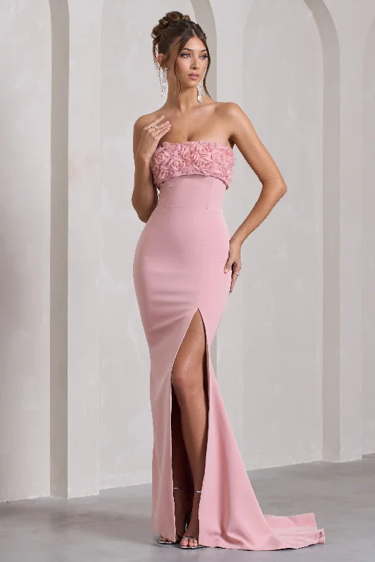 Allegra | Pink Bandeau Split Fishtail Maxi Dress With Flowers