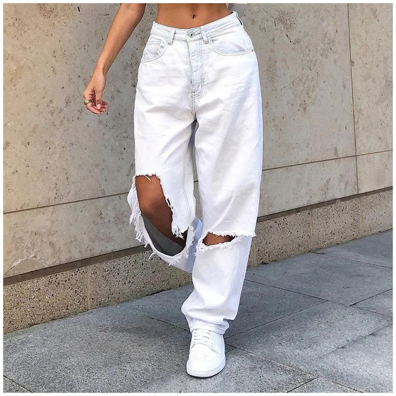 High Waist Hole Ripped White Jeans Women Y2k Vintage 90s Denim Straight Pants Streetwear Hollow Boyfriend Baggy Denim Trousers