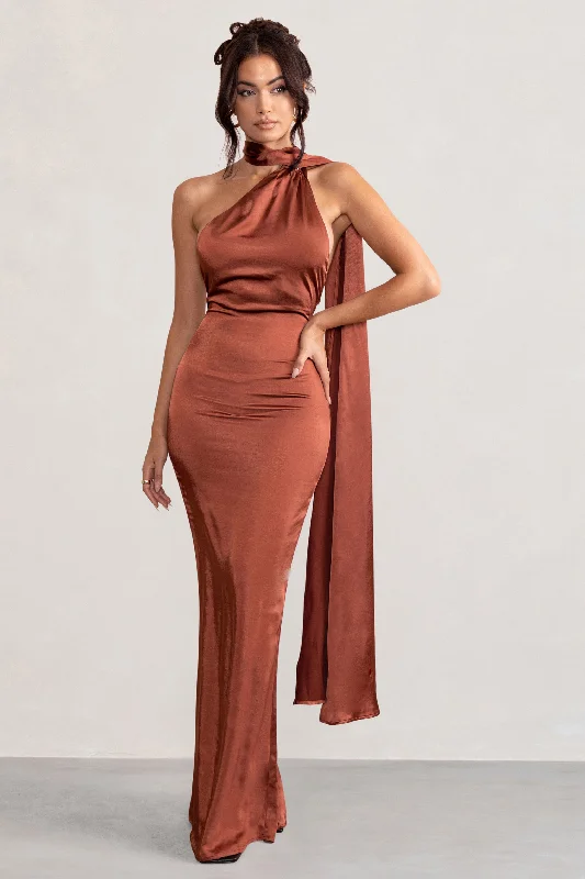 Mademoiselle | Rust Satin Asymmetric Scarf Neck Backless Maxi Dress