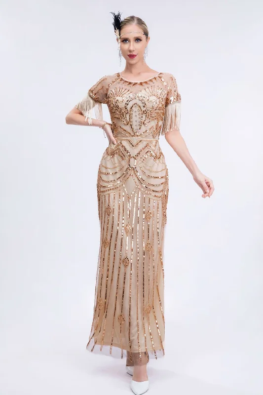 Champagne Beaded Long Gatsby Fringed Flapper Dress