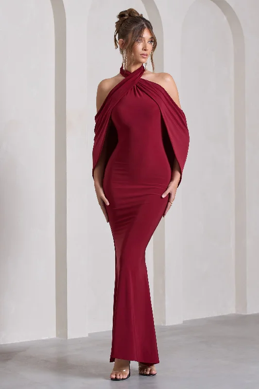 Revelation | Berry Red Crossed Halter-Neck Maxi Dress With Cape