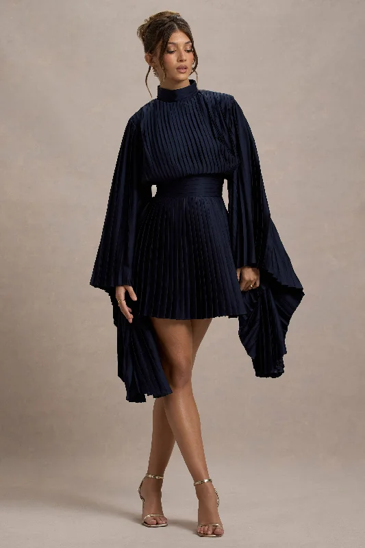 Charity | Navy Pleated High-Neck Mini Dress With Cape Sleeves