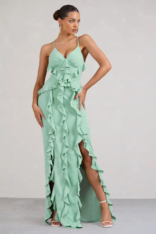 Syrah | Mint Green Chiffon Ruffle Cami Maxi Dress