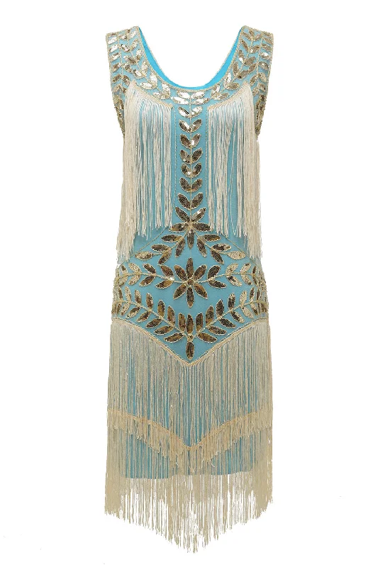 Blue Apricot Gatsby 1920s Dress with Sequins and Fringes