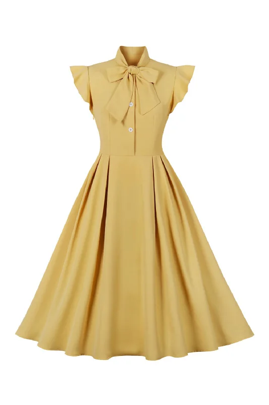 Yellow Solid Swing 1950s Dress with Bow