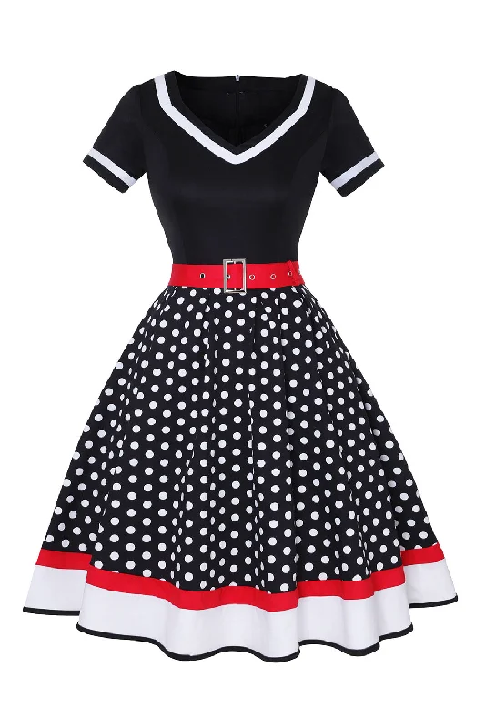 Black V-neck Polka Dots 1950s Dress