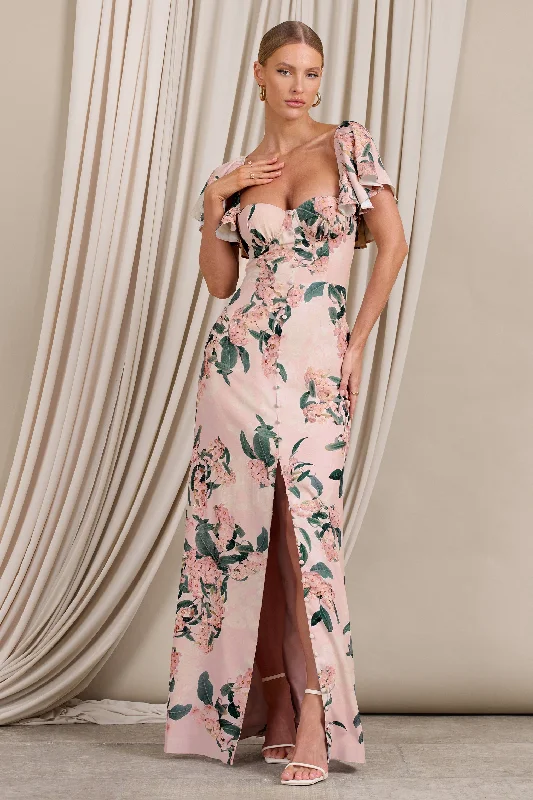 Signorina | Pink Floral Buttoned Maxi Dress With Flounced Short Sleeves