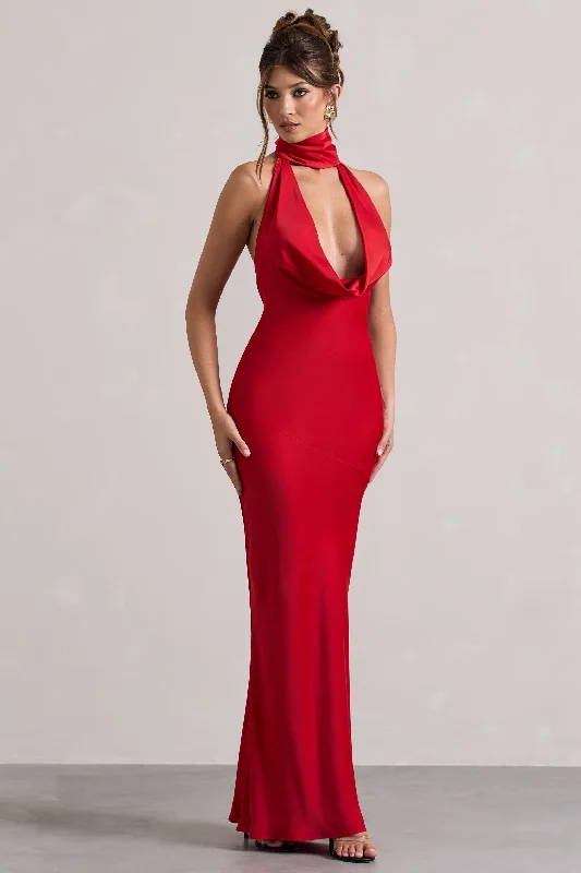 Matea | Red Satin Cowl-Neck Maxi Dress